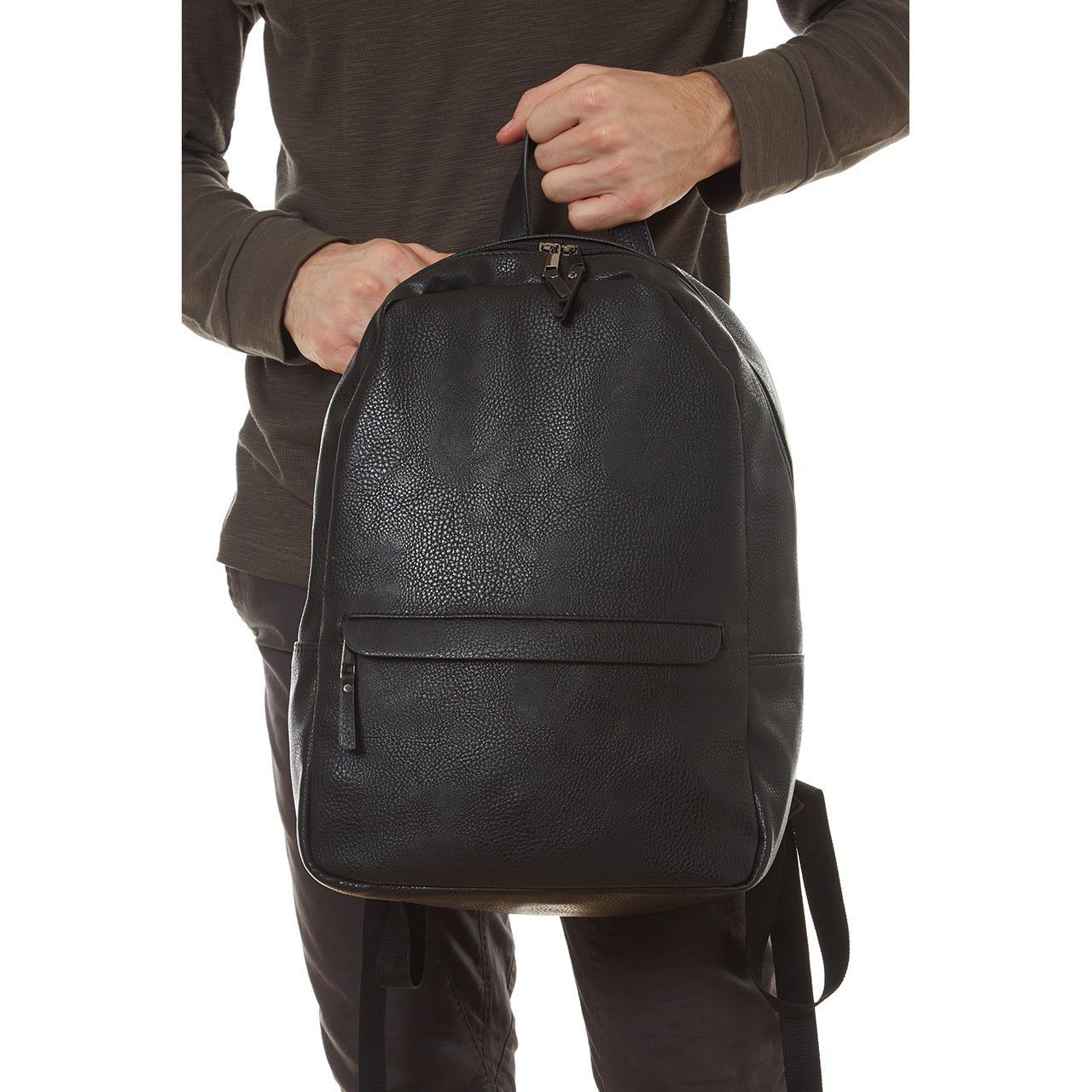 Tucker Vegan Leather Backpack featuring a sleek minimalist design, padded straps, and a soft laptop sleeve.