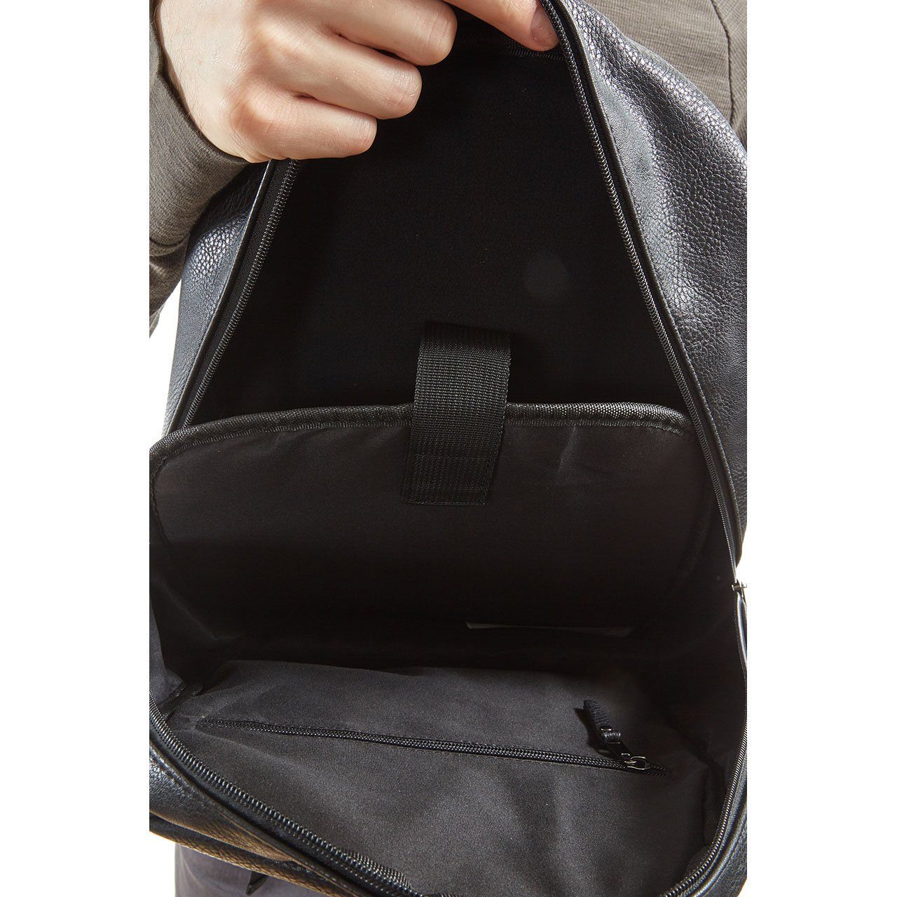 Tucker Vegan Leather Backpack featuring a sleek minimalist design, padded straps, and a soft laptop sleeve.