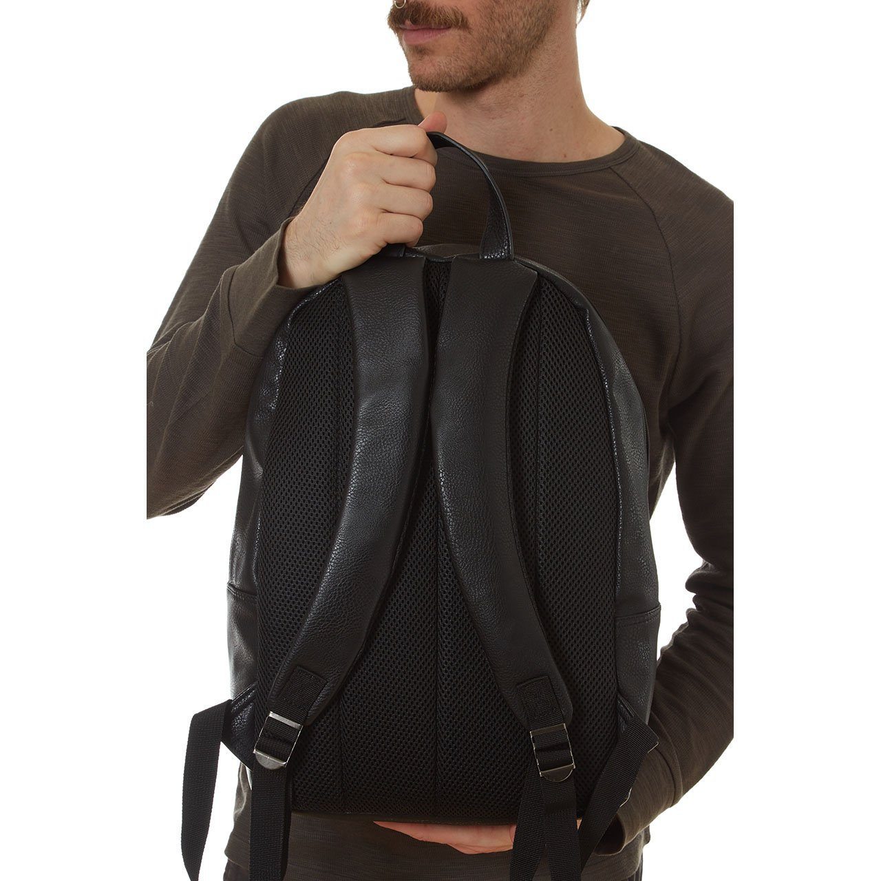 Tucker Vegan Leather Backpack featuring a sleek minimalist design, padded straps, and a soft laptop sleeve.