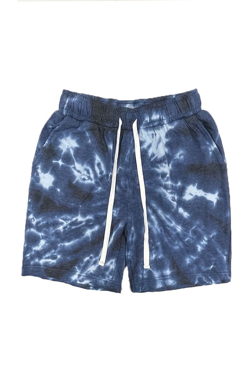 A pair of Twisted Tie Dye Shorts featuring an elastic waist, drawstring, and pockets, showcasing vibrant colors and a stylish design.