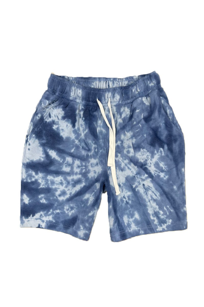 A pair of Twisted Tie Dye Shorts featuring an elastic waist, drawstring, and pockets, showcasing a vibrant tie-dye pattern.