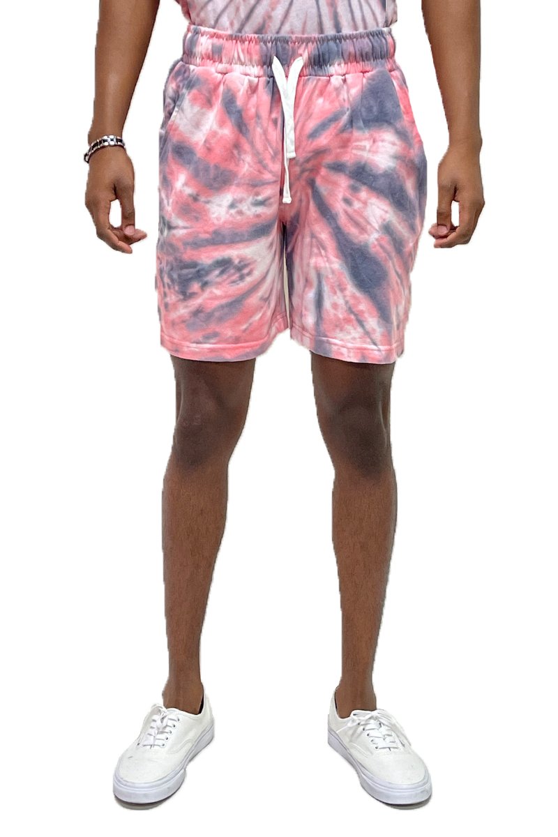 A pair of Twisted Tie Dye Shorts featuring an elastic waist, drawstring, and vibrant tie-dye pattern, perfect for casual summer wear.