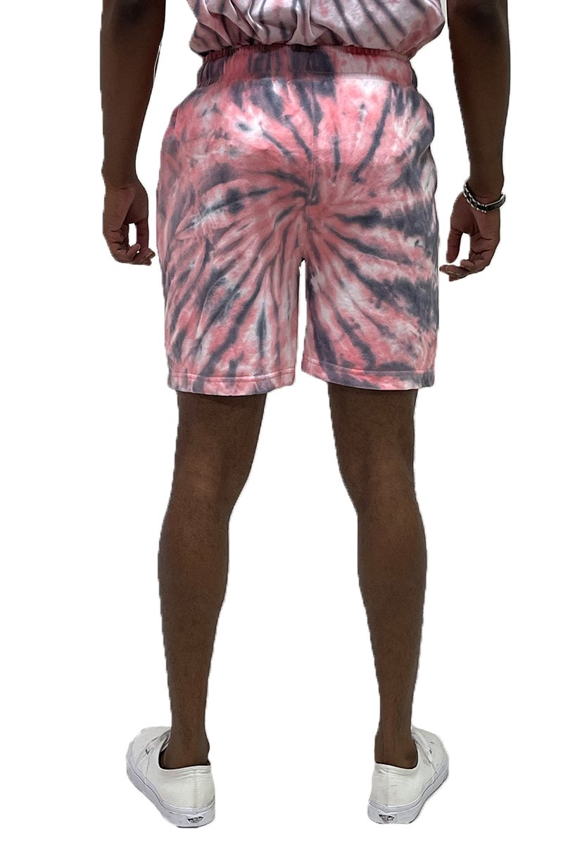 A pair of Twisted Tie Dye Shorts featuring an elastic waist, drawstring, and vibrant tie-dye pattern, perfect for casual summer wear.