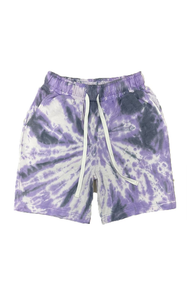 A pair of Twisted Tie Dye Shorts featuring an elastic waist and pockets, showcasing a vibrant tie-dye pattern.