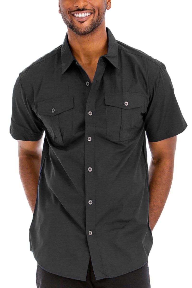 A stylish black two pocket button down shirt with short sleeves, featuring a round hem and button flap pockets.