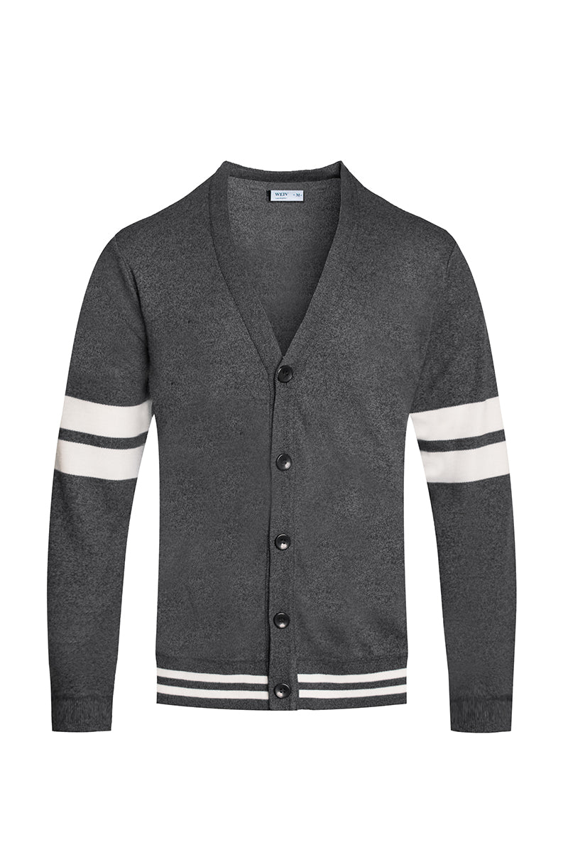 A stylish Two Stripe Cardigan featuring a modern design with button closure, made from 100% polyester, perfect for layering.