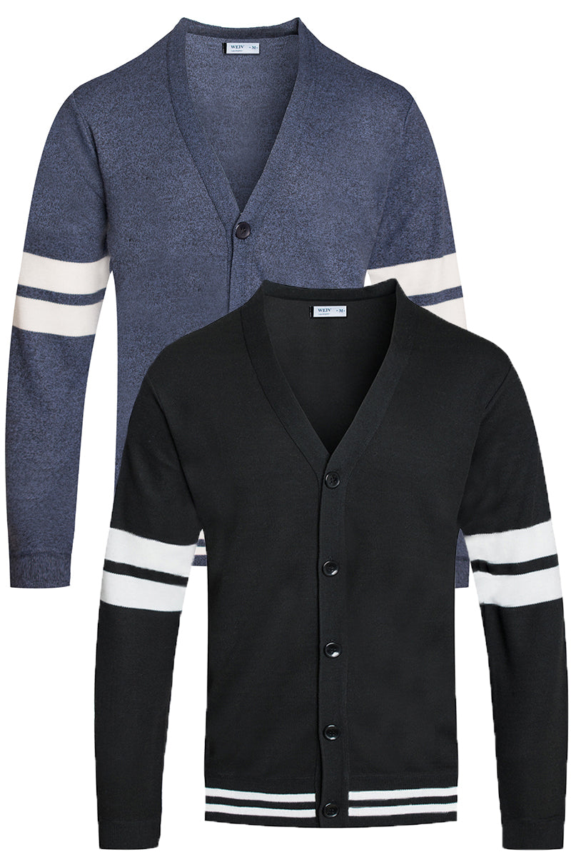 A stylish Two Stripe Cardigan featuring a modern design with button closure, made from 100% polyester, perfect for layering.