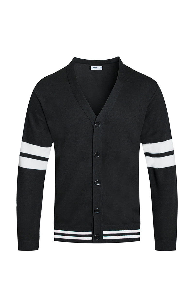 A stylish Two Stripe Cardigan featuring a modern design with button closure, made from 100% polyester, perfect for layering.