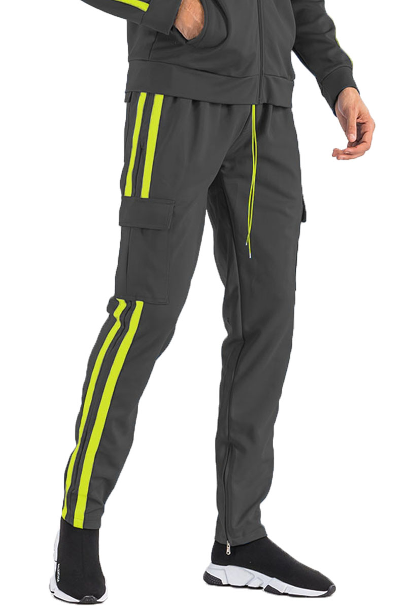 Two Stripe Cargo Pocket Track Pants featuring an elastic waist, ankle zippers, and Velcro closure pockets in a stylish design.