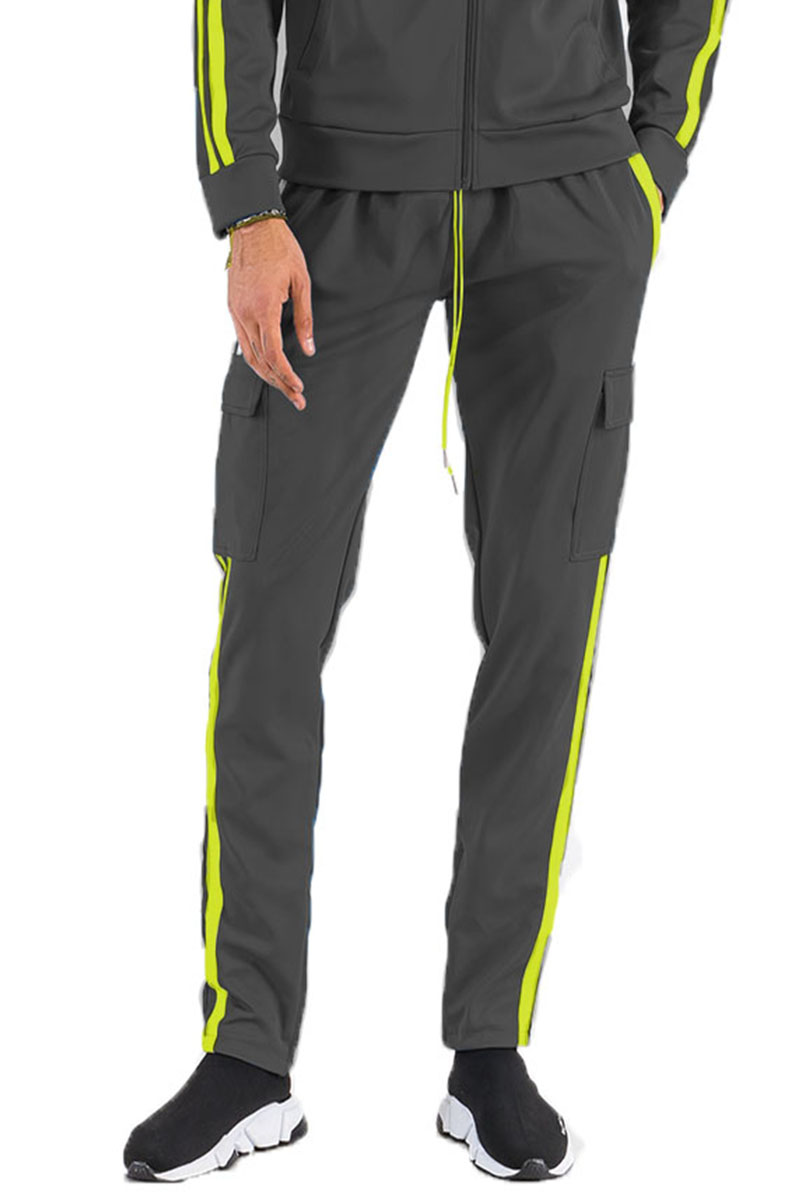 Two Stripe Cargo Pocket Track Pants featuring an elastic waist, ankle zippers, and Velcro closure pockets in a stylish design.