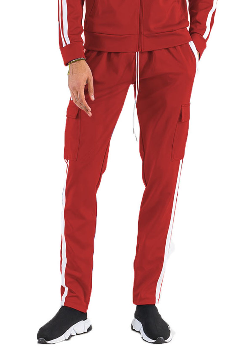 Two Stripe Cargo Pocket Track Pants featuring an elastic waist, ankle zippers, and Velcro closure pockets in a stylish design.