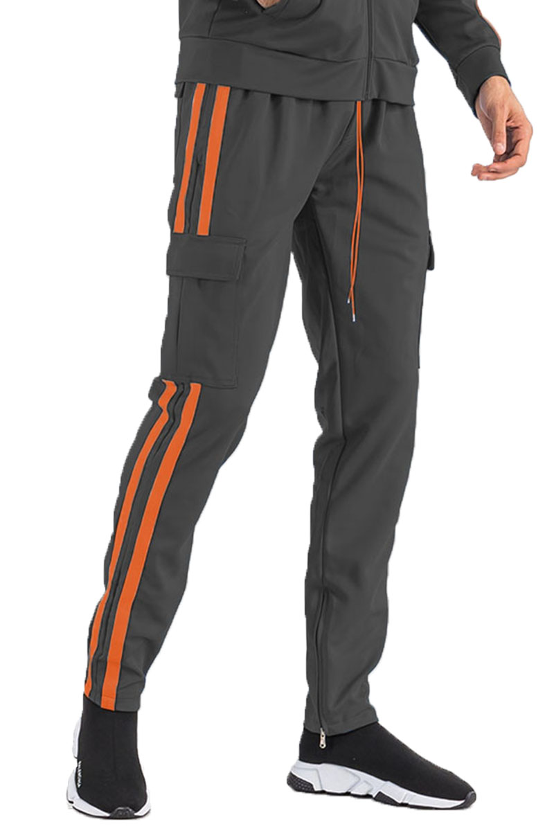 Two Stripe Cargo Pocket Track Pants featuring an elastic waist, ankle zippers, and Velcro closure pocket pouch in a stylish design.