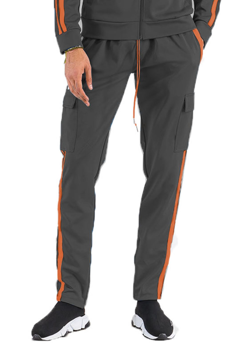 Two Stripe Cargo Pocket Track Pants featuring an elastic waist, ankle zippers, and Velcro closure pocket pouch in a stylish design.