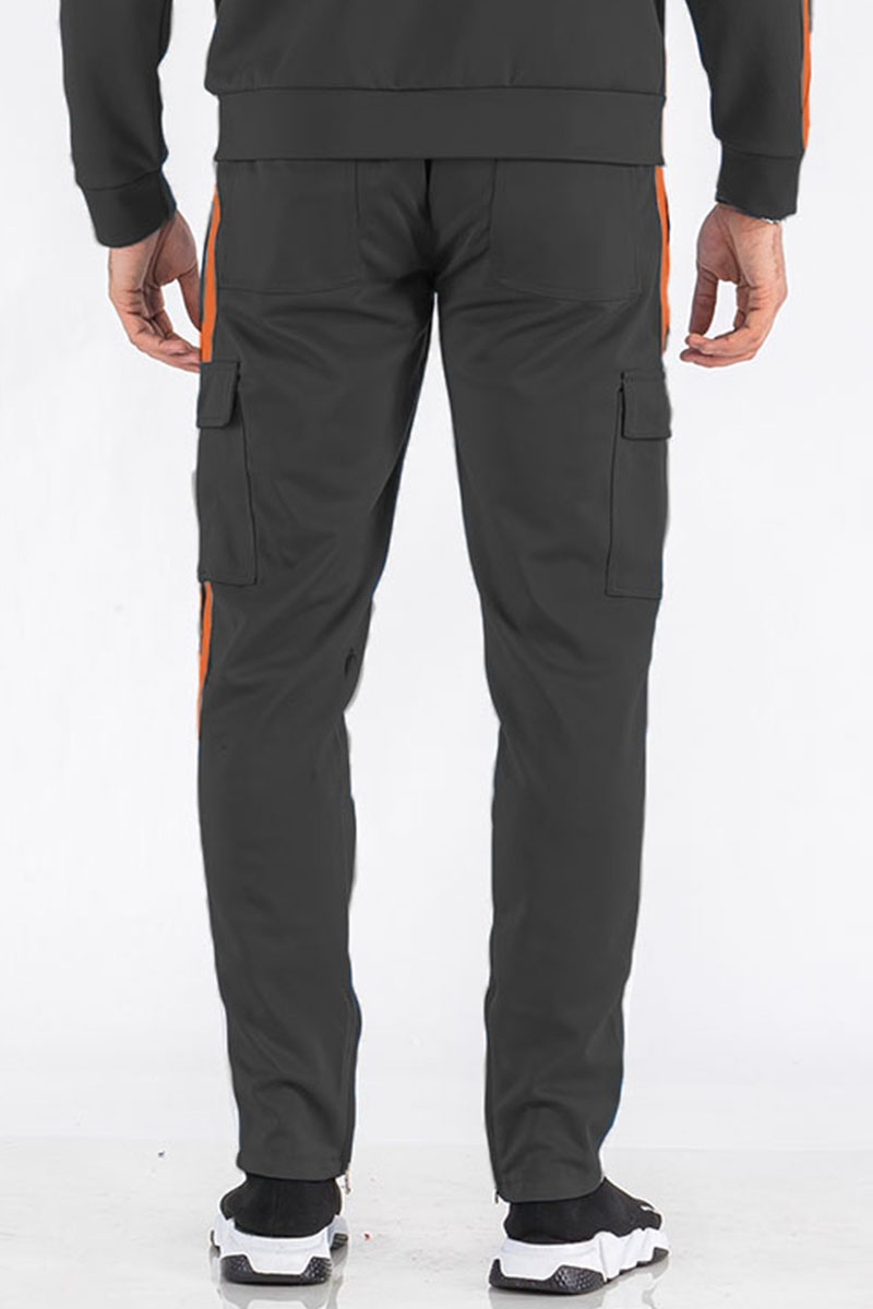 Two Stripe Cargo Pocket Track Pants featuring an elastic waist, ankle zippers, and Velcro closure pocket pouch in a stylish design.