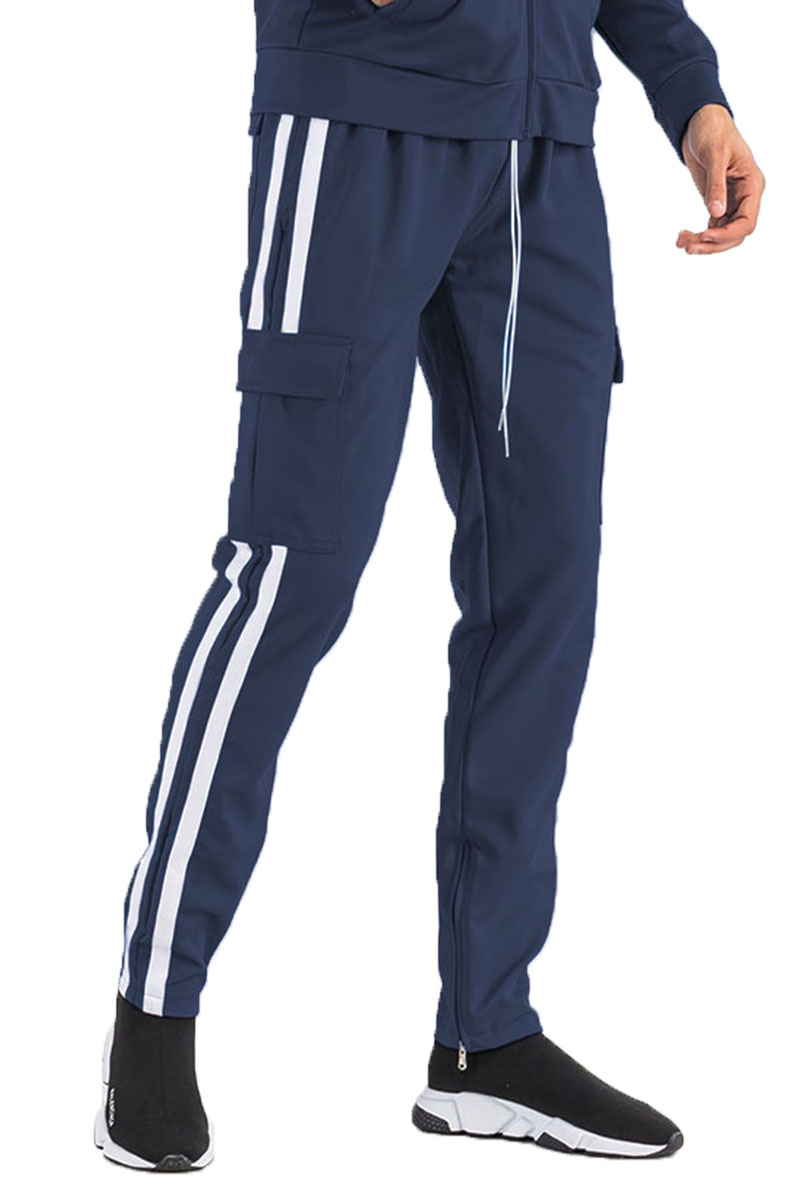 Two Stripe Cargo Pocket Track Pants featuring an elastic waist, ankle zippers, and Velcro closure pockets in a stylish design.