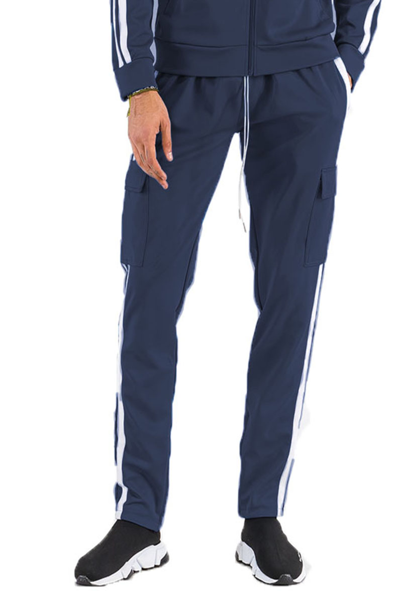 Two Stripe Cargo Pocket Track Pants featuring an elastic waist, ankle zippers, and Velcro closure pockets in a stylish design.