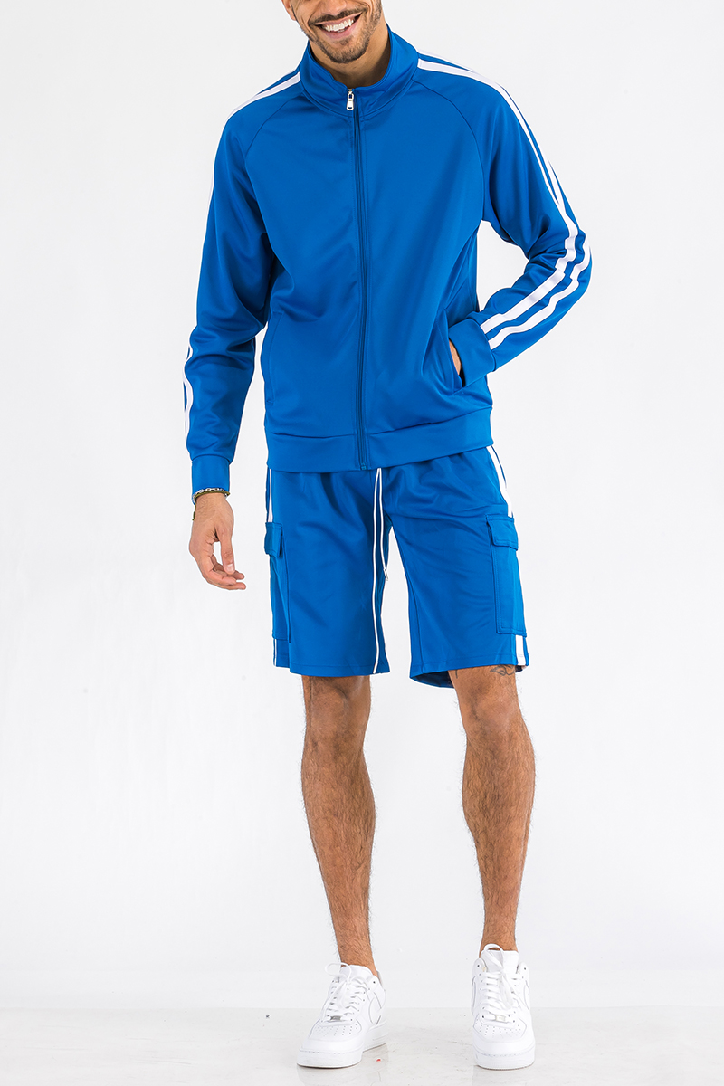 Two Stripe Cargo Short Set featuring a full zip jacket and cargo shorts with a stylish two stripe design.