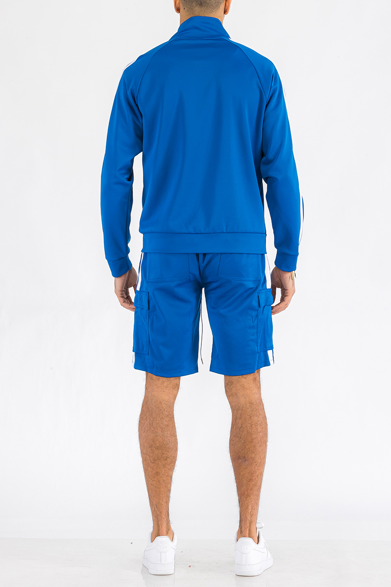 Two Stripe Cargo Short Set featuring a full zip jacket and cargo shorts with a stylish two stripe design.