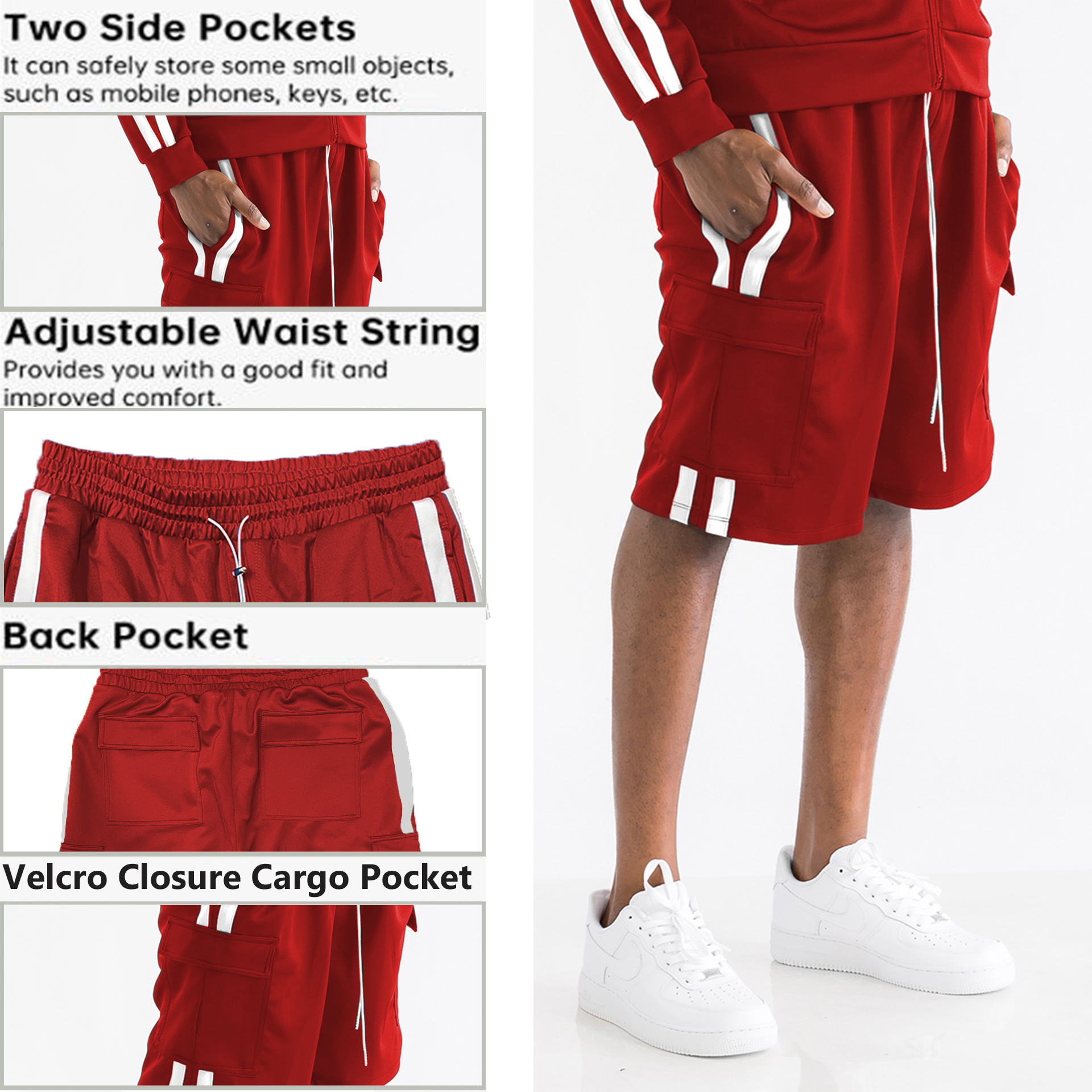 Two Stripe Cargo Short Set featuring a full zip jacket and cargo shorts with a stylish two stripe design.