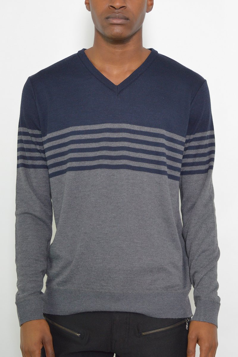 Two Tone Sweater NR2009 featuring a stylish striped design in soft polyester fabric, perfect for casual wear.