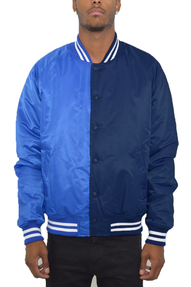 Two Tone Varsity Bomber Jacket featuring a stylish split design, ribbed collar, and snap button closure.