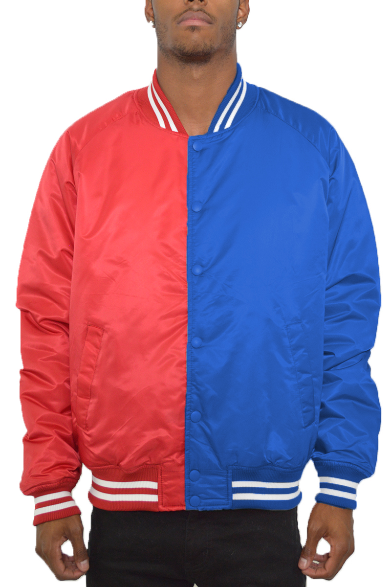 Two Tone Varsity Bomber Jacket featuring a stylish split design, ribbed collar, and snap button closure.