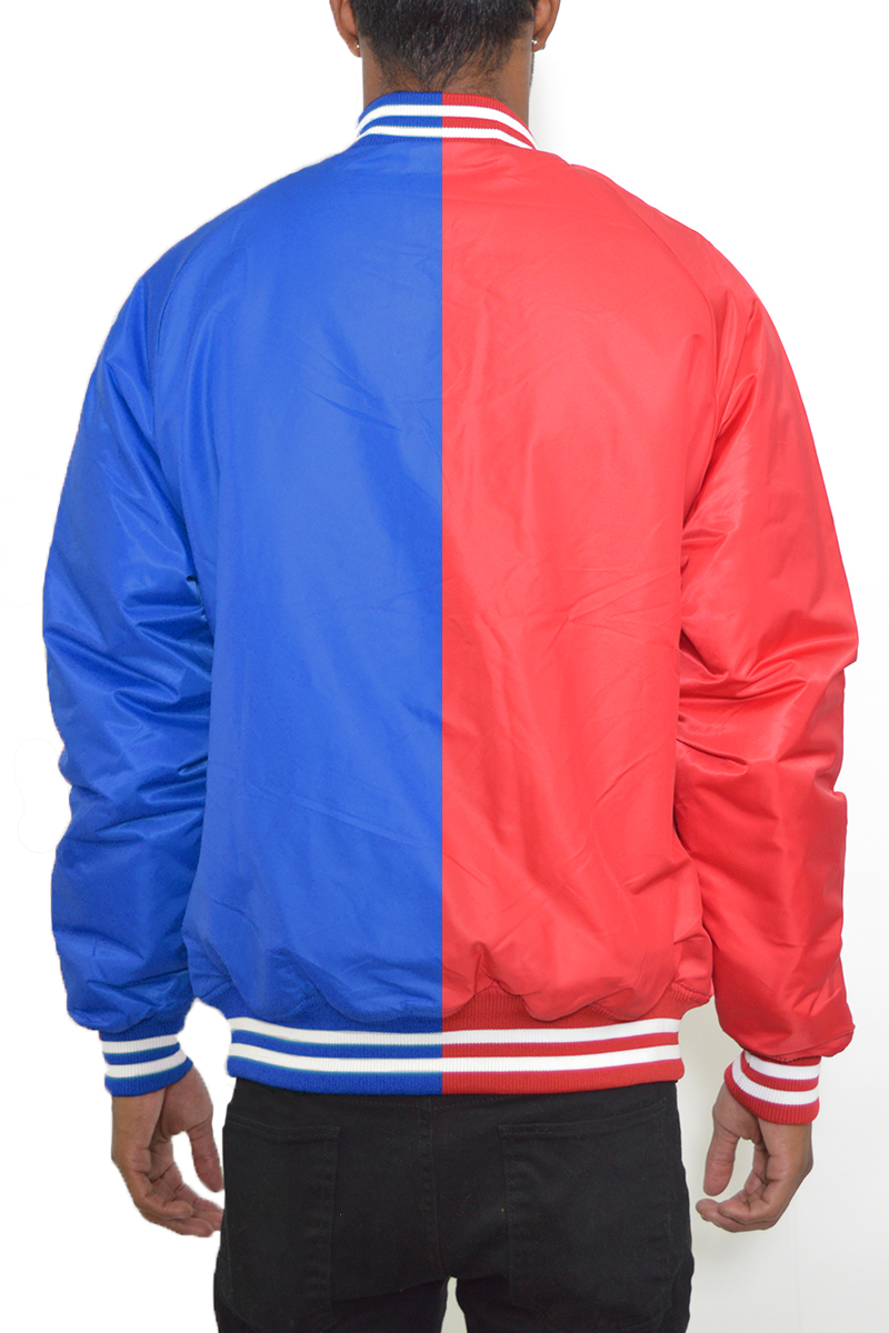 Two Tone Varsity Bomber Jacket featuring a stylish split design, ribbed collar, and snap button closure.