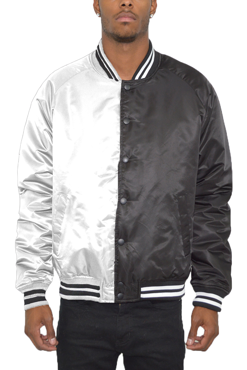 Two Tone Varsity Bomber Jacket featuring a split design, ribbed collar, and snap button closure, perfect for casual wear.