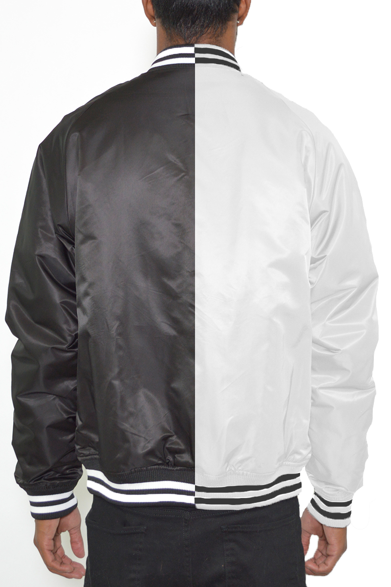 Two Tone Varsity Bomber Jacket featuring a split design, ribbed collar, and snap button closure, perfect for casual wear.