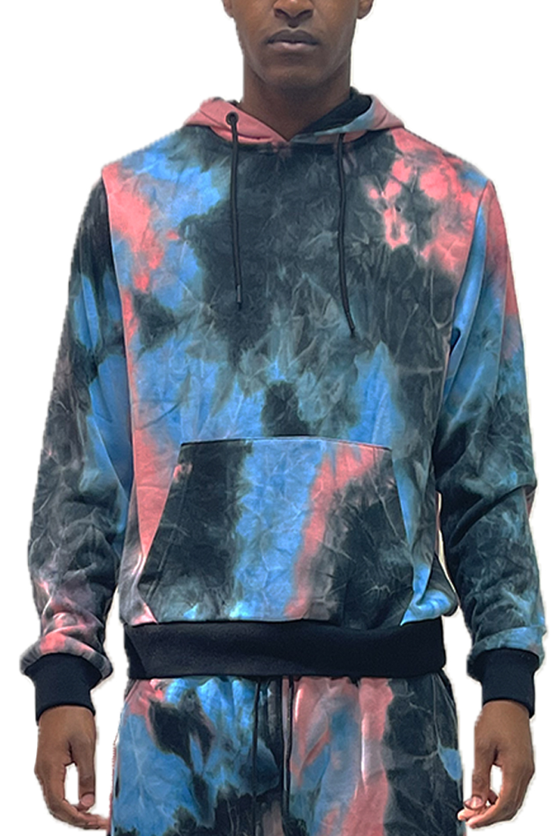 A vibrant tye dye hoodie made from 100% cotton, featuring a drawstring hood and ribbed elastic waist.