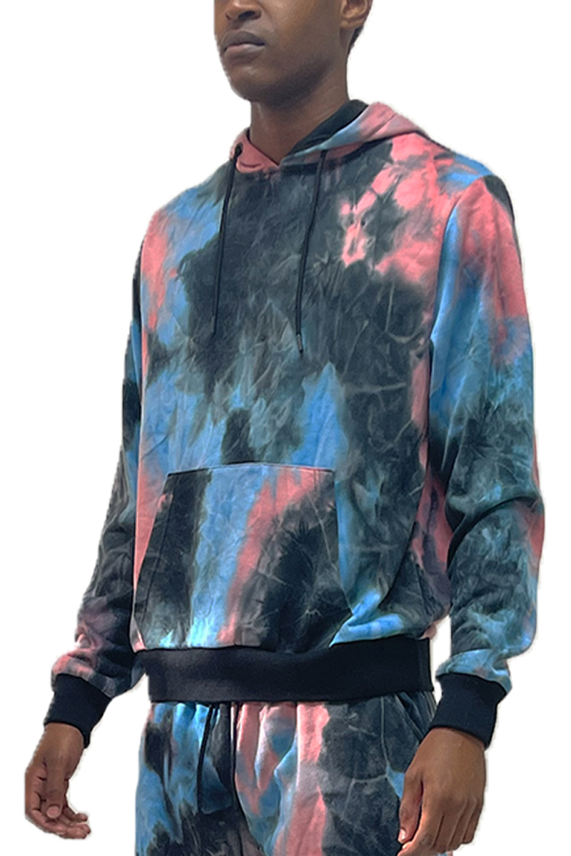 A vibrant tye dye hoodie made from 100% cotton, featuring a drawstring hood and ribbed elastic waist.