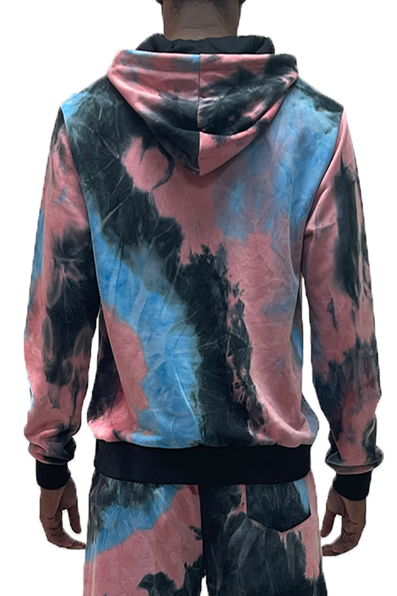 A vibrant tye dye hoodie made from 100% cotton, featuring a drawstring hood and ribbed elastic waist.