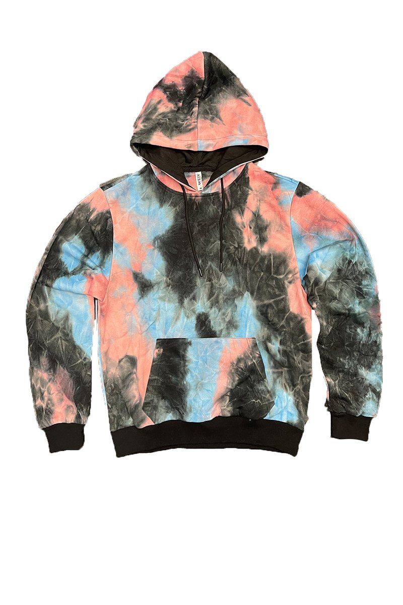 A vibrant tye dye hoodie made from 100% cotton, featuring a drawstring hood and ribbed elastic waist.