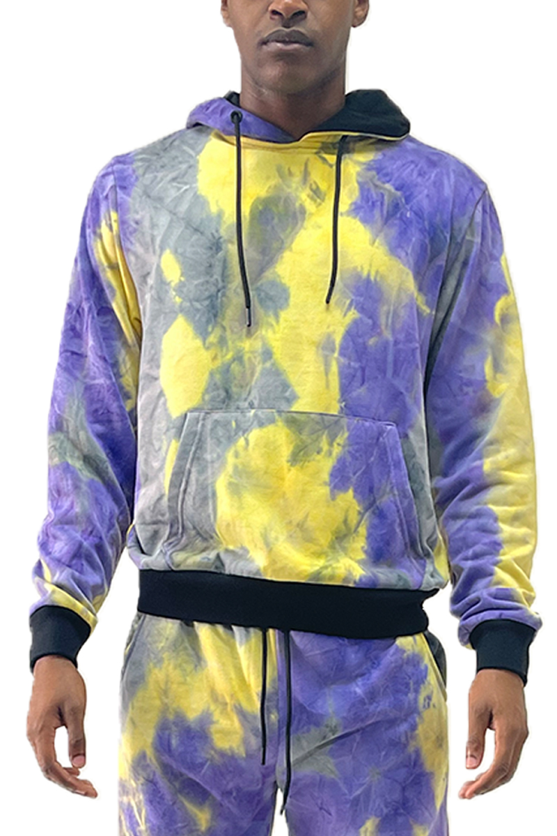 A vibrant tye dye hoodie made from 100% cotton, featuring a drawstring hood and ribbed elastic waist, perfect for casual wear.