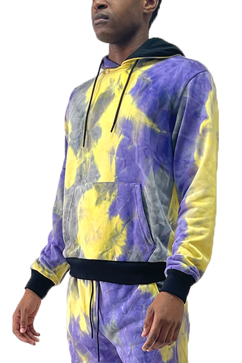 A vibrant tye dye hoodie made from 100% cotton, featuring a drawstring hood and ribbed elastic waist, perfect for casual wear.