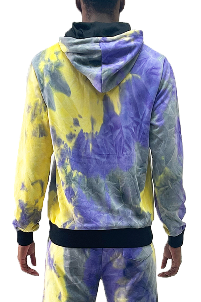 A vibrant tye dye hoodie made from 100% cotton, featuring a drawstring hood and ribbed elastic waist, perfect for casual wear.