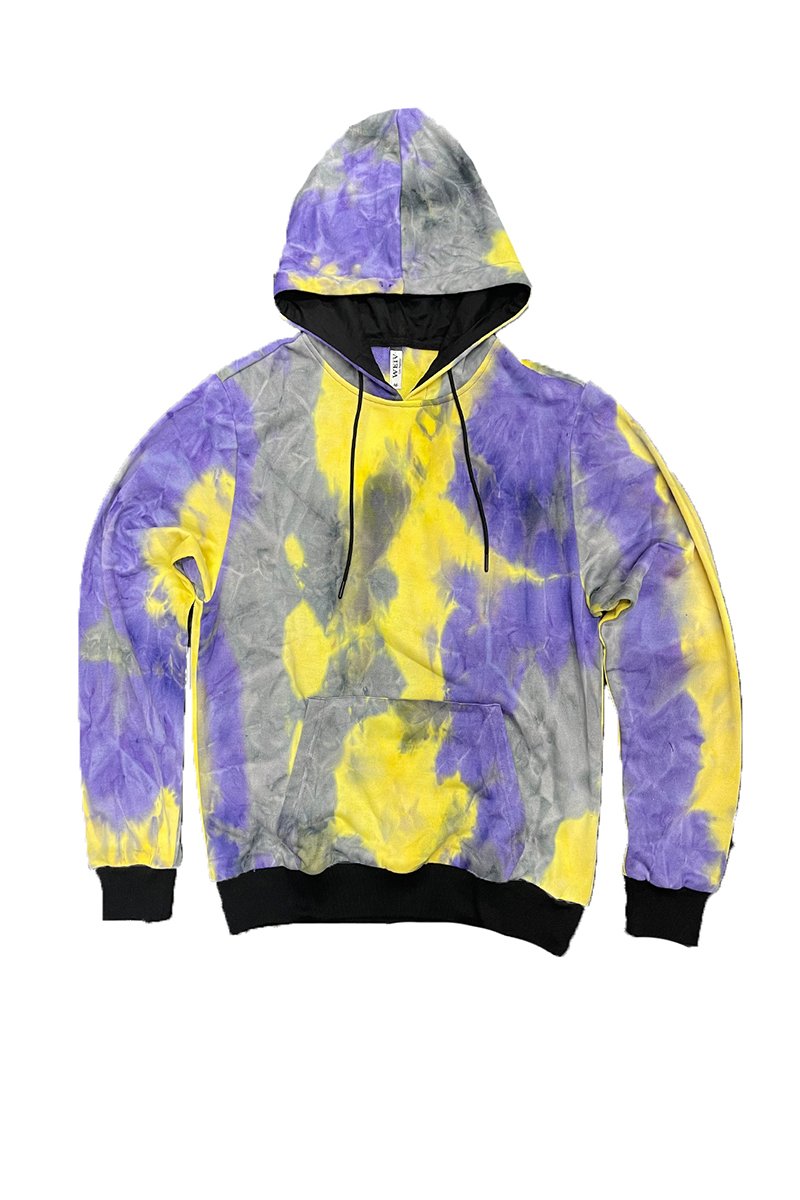 A vibrant tye dye hoodie made from 100% cotton, featuring a drawstring hood and ribbed elastic waist, perfect for casual wear.