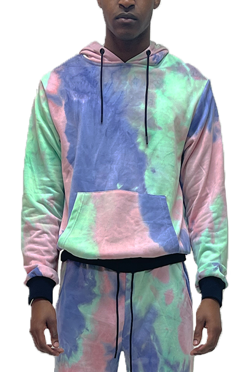 A colorful tye dye hoodie made of 100% cotton, featuring a drawstring and ribbed elastic waist, perfect for casual wear.