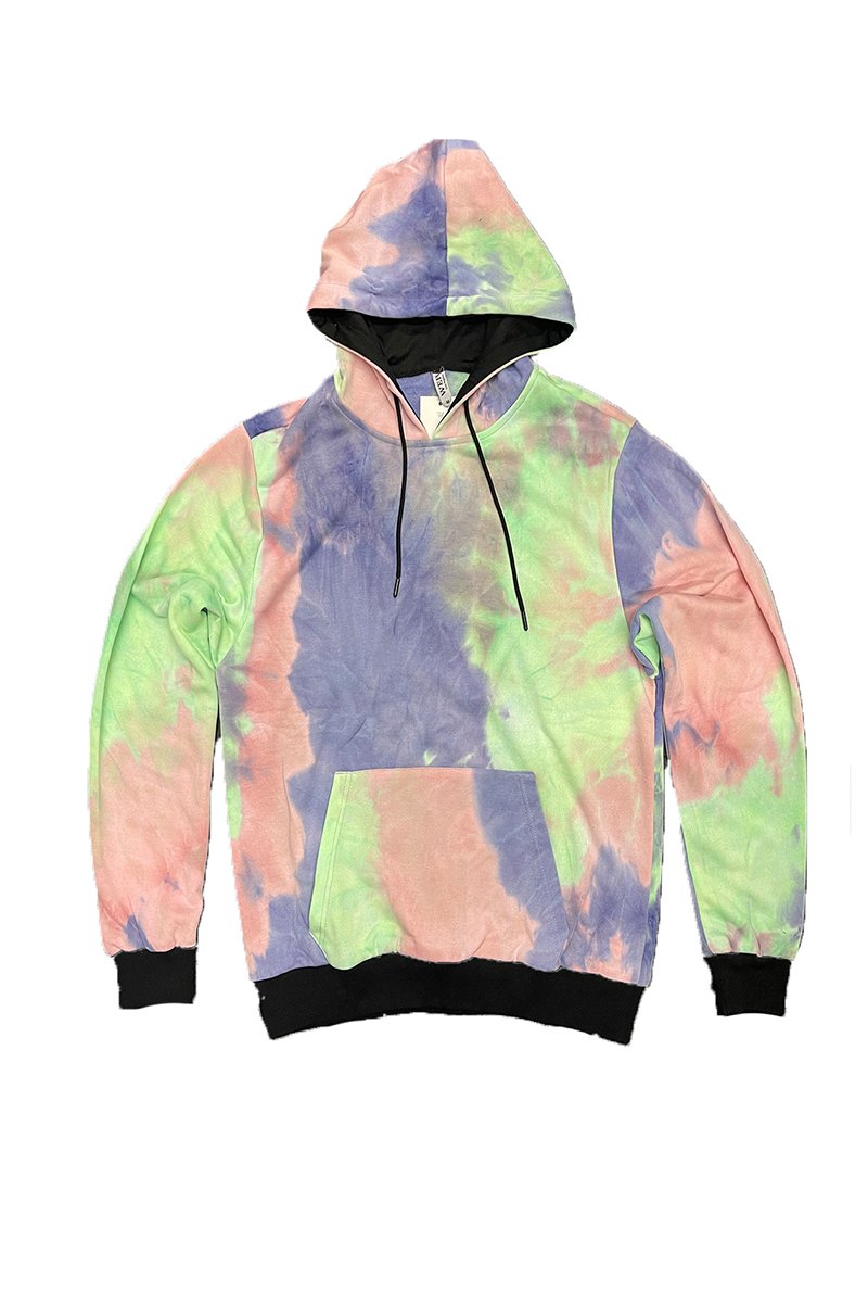 A colorful tye dye hoodie made of 100% cotton, featuring a drawstring and ribbed elastic waist, perfect for casual wear.