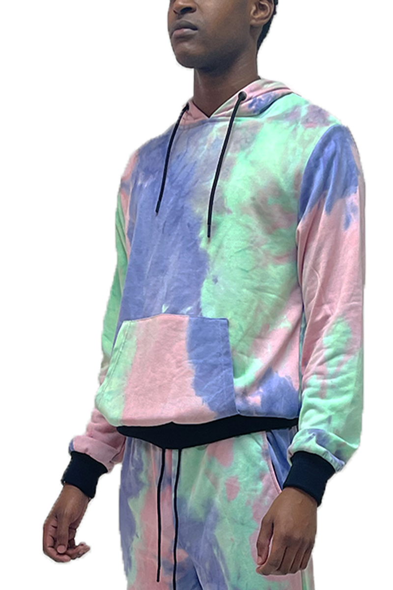 A colorful tye dye hoodie made of 100% cotton, featuring a drawstring and ribbed elastic waist, perfect for casual wear.