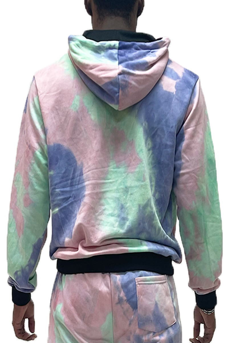 A colorful tye dye hoodie made of 100% cotton, featuring a drawstring and ribbed elastic waist, perfect for casual wear.