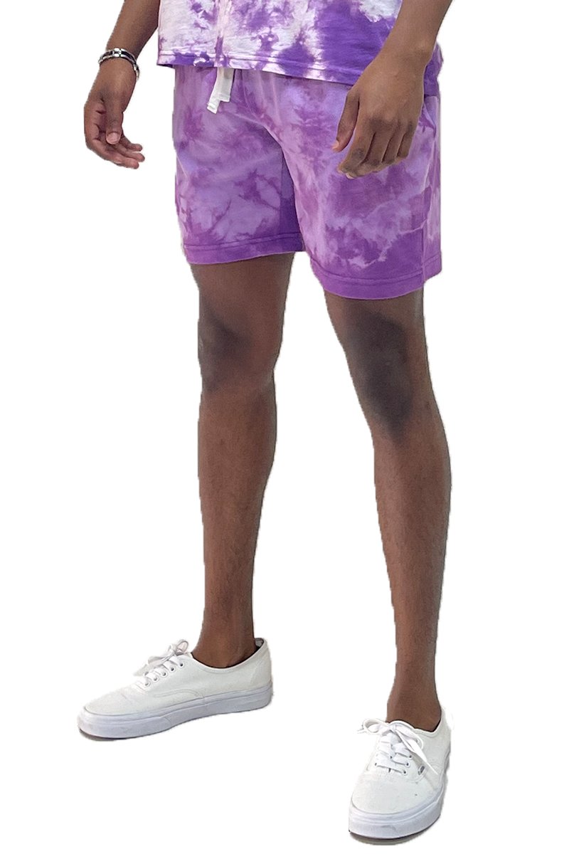 A pair of vibrant tye dye sweat shorts featuring an elastic waist and drawstring, made from 100% cotton, with a single back pocket.