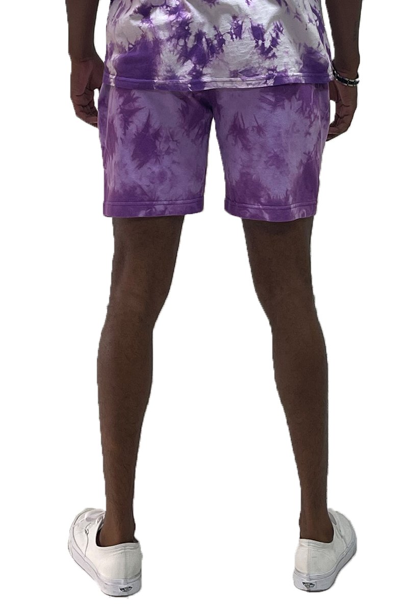 A pair of vibrant tye dye sweat shorts featuring an elastic waist and drawstring, made from 100% cotton, with a single back pocket.