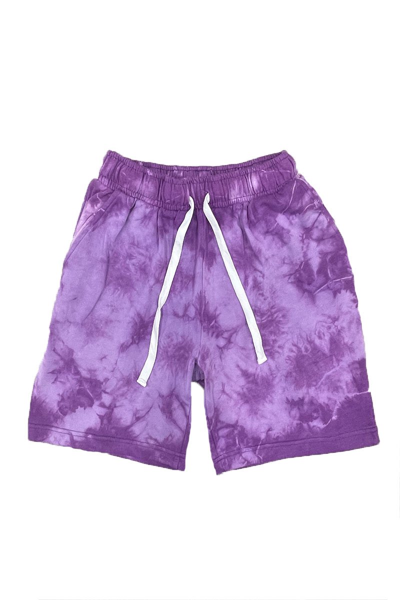 A pair of vibrant tye dye sweat shorts featuring an elastic waist and drawstring, made from 100% cotton, with a single back pocket.