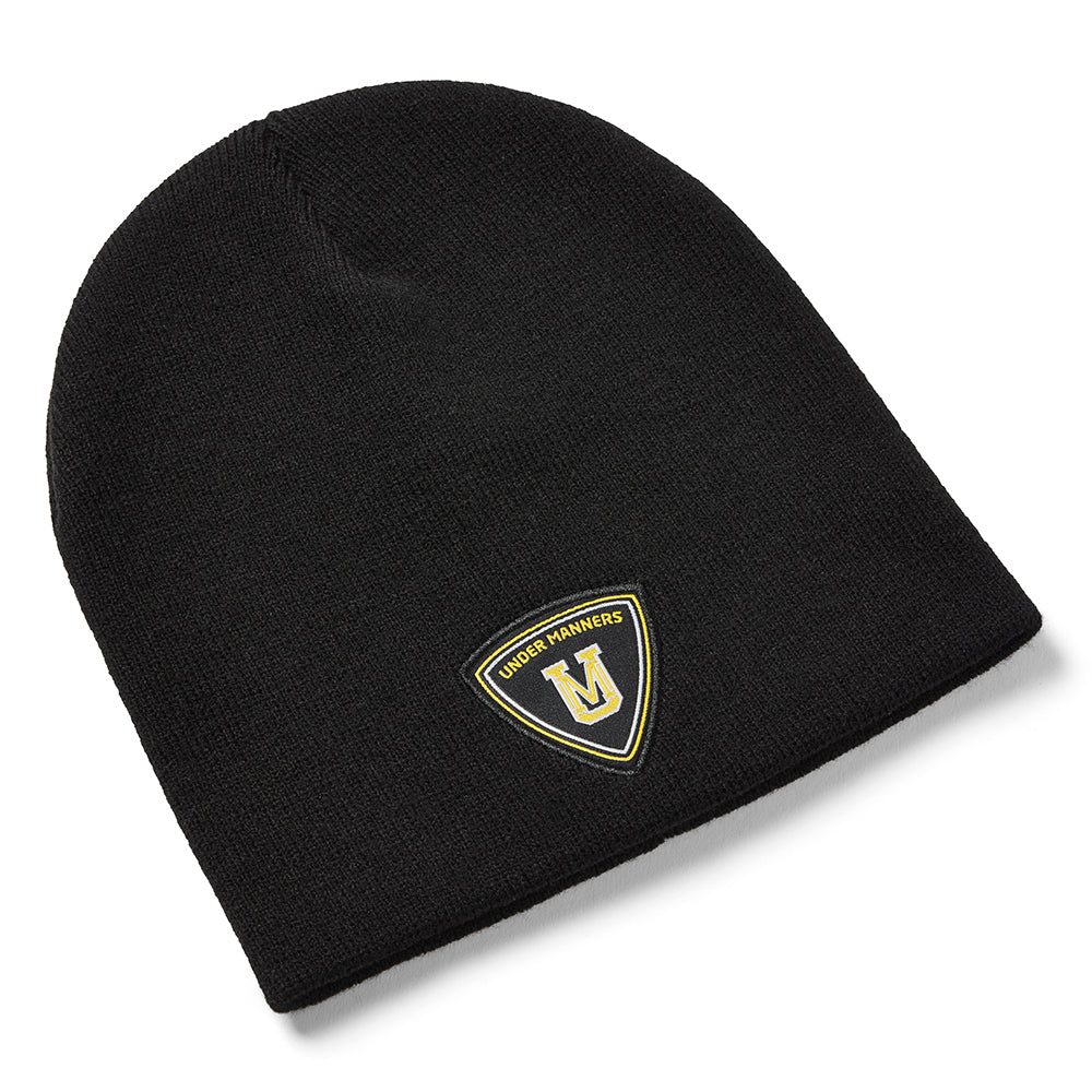 Under Manners Crest Beanie Unisex Hat made from soft 100% acrylic, featuring an iconic crest design.