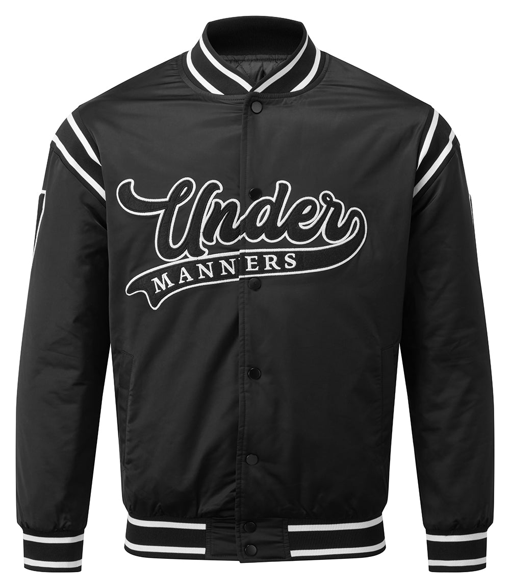 Under Manners Logo Bomber Jacket featuring varsity-inspired design, embroidered logo, and striped ribbing.