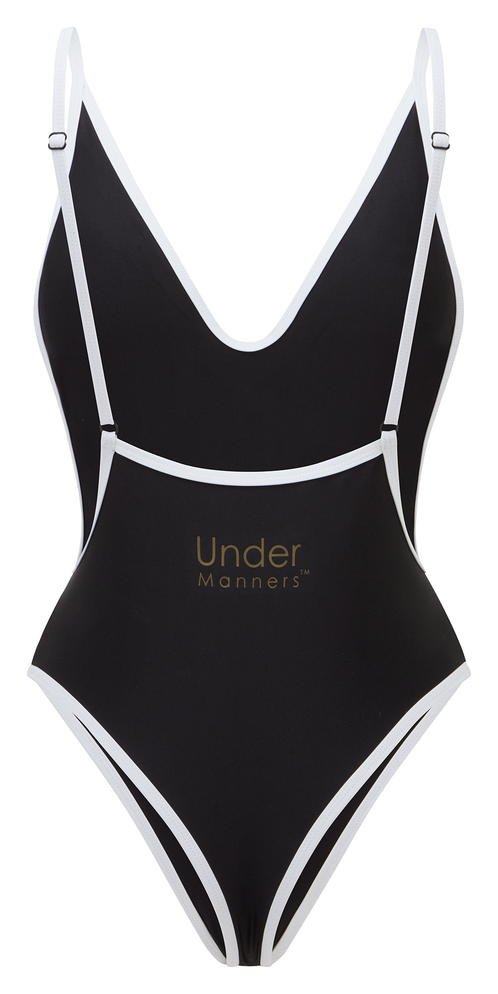 Under Manners Scooped Back Swimsuit featuring adjustable straps and UM motif, perfect for beachwear.