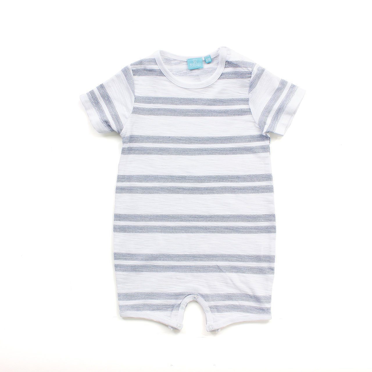 A stylish Uriel Romper Baby featuring a striped design, perfect for playdates and everyday wear.