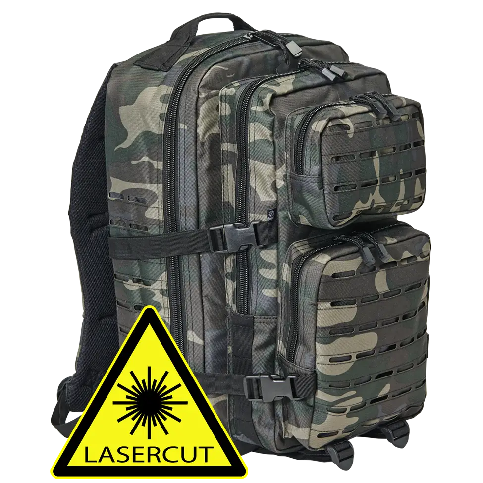 US Cooper Lasercut Large backpack featuring lasercut MOLLE system, padded straps, and adjustable waist strap in a rugged outdoor setting.