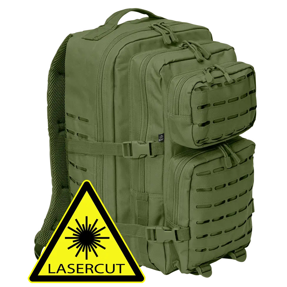 US Cooper Lasercut Large backpack featuring lasercut MOLLE system, padded straps, and adjustable waist strap in a rugged outdoor setting.